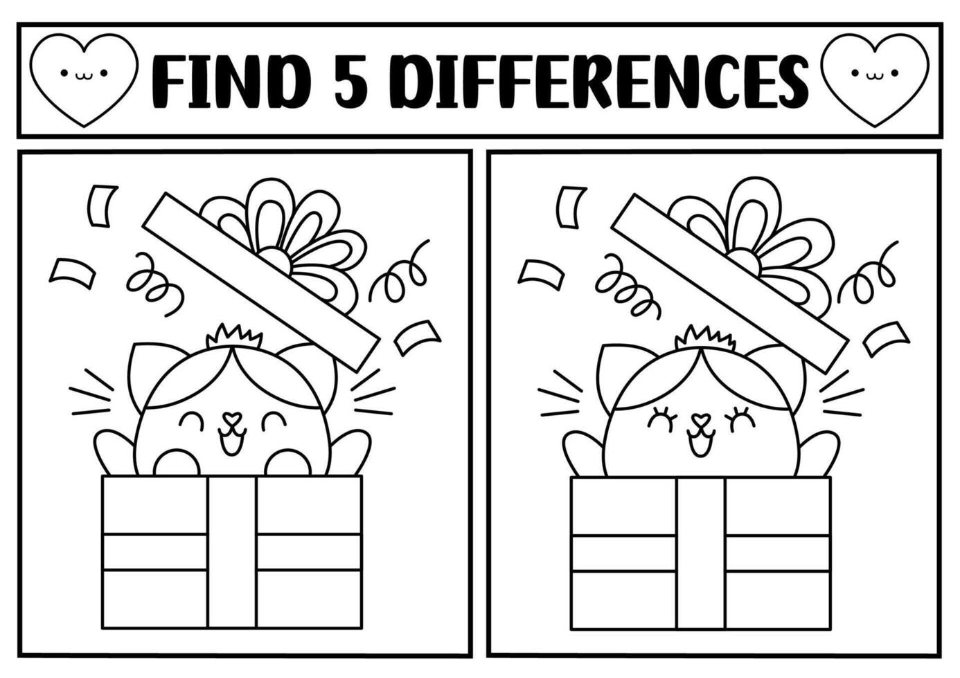 Saint Valentine kawaii black and white find differences game. Attention skills line activity with cute cat getting out of the present box. Love holiday line puzzle for kids. Printable worksheet vector