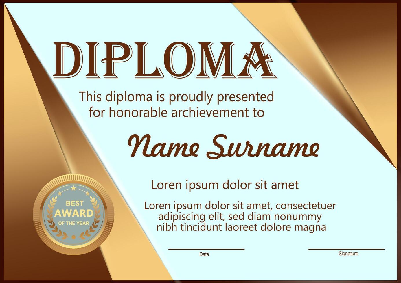 Dploma template with gold gradient and soft blue background vector
