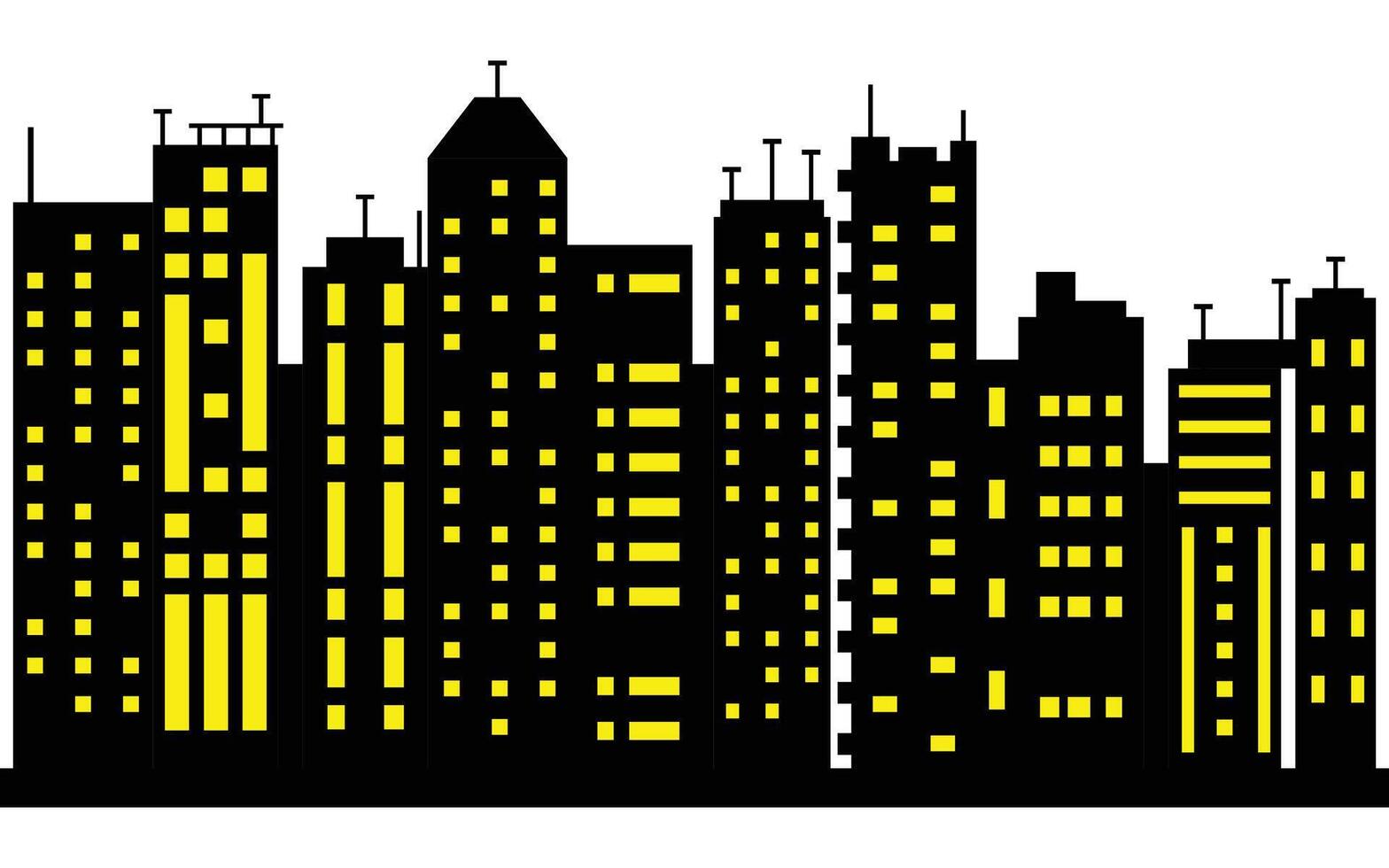 Silhouette of city buildings with illuminated windows, vector