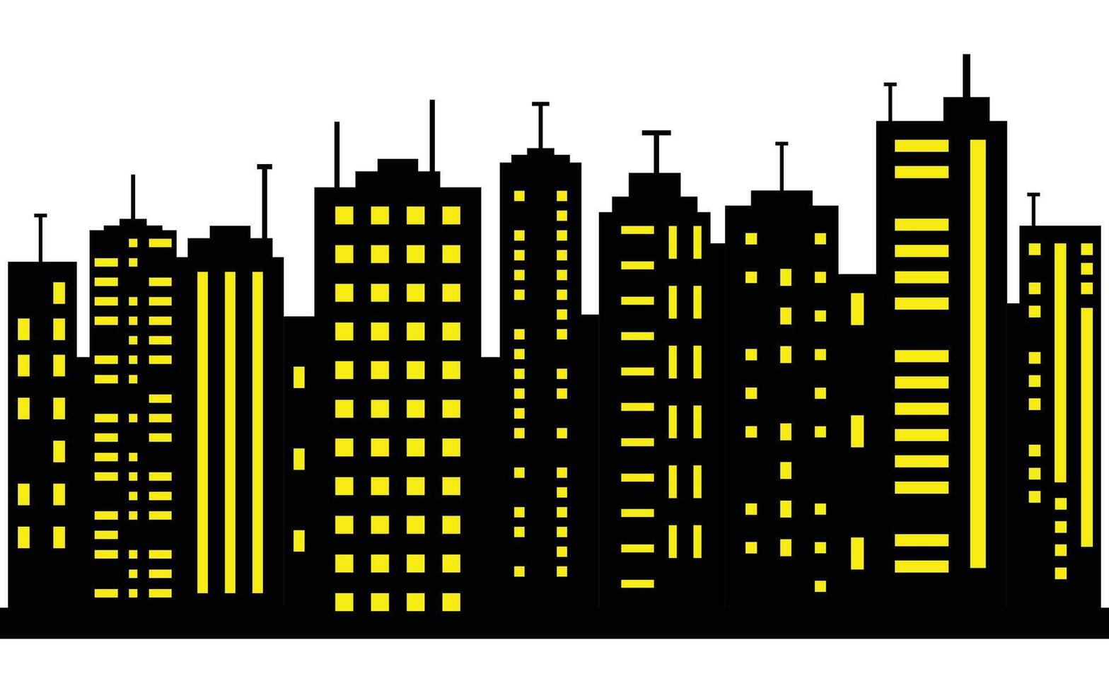 Modern City Skyline Silhouette with Yellow Illuminated Windows on Black Background vector