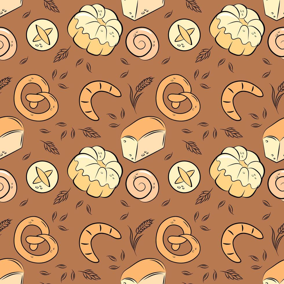 Bread brown background. Bakery seamless pattern. Croissant, bun, pie, bread. vector