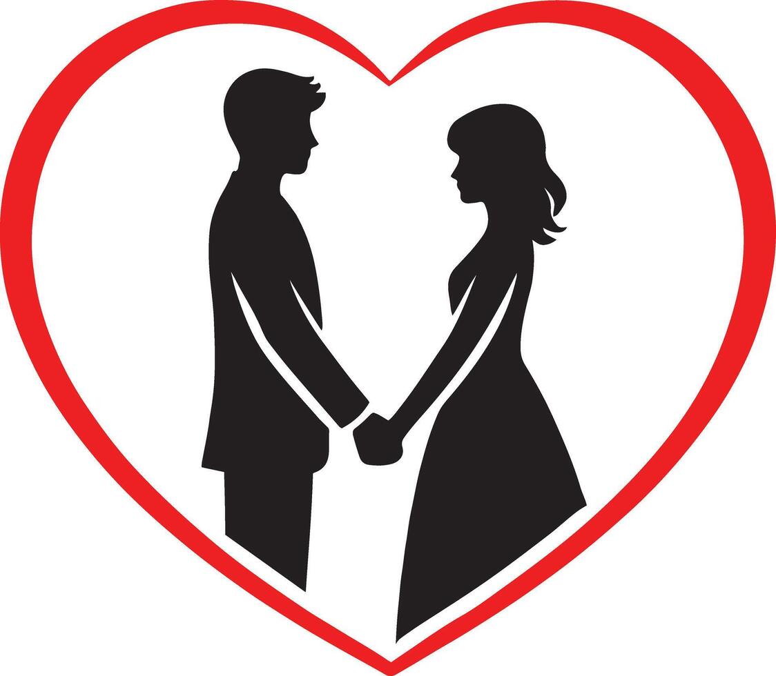 A romantic couple holding hands in a heart shaped silhouette style. vector