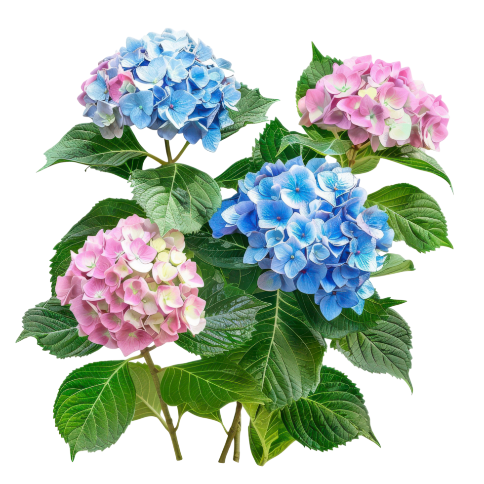A close-up of a hydrangea bush with pink and blue flowers and green leaves. png