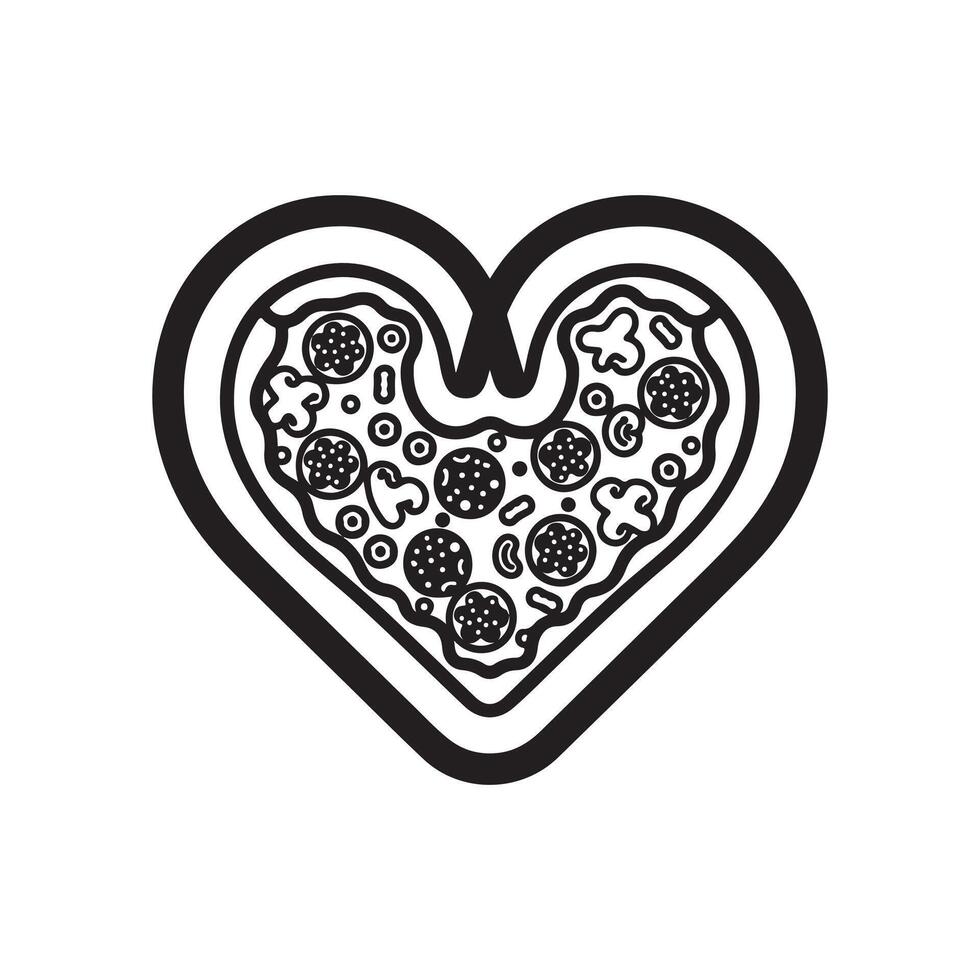Pizza heart icon in black and white vector
