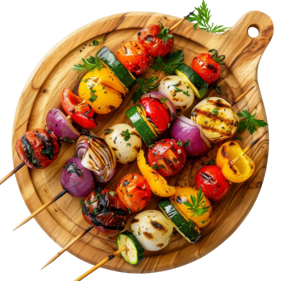 Grilled vegetable skewers with tomatoes, peppers, zucchini, onions, and parsley on a wooden board. png