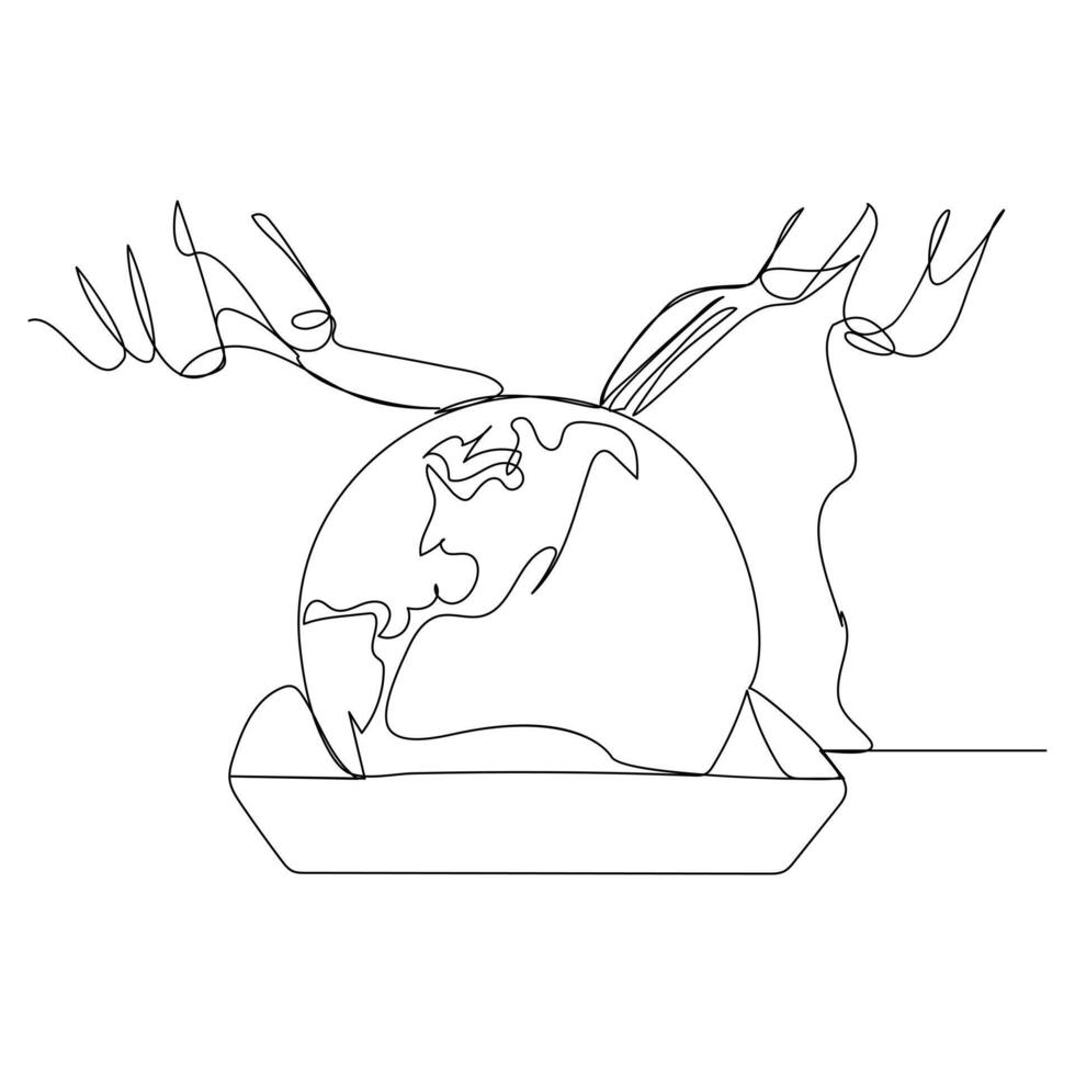 World food day holiday concept with earth or globe and plate, knife and fork. Single line art with text Food Day. Single one line drawing World food day concept Continuous line draw design vector