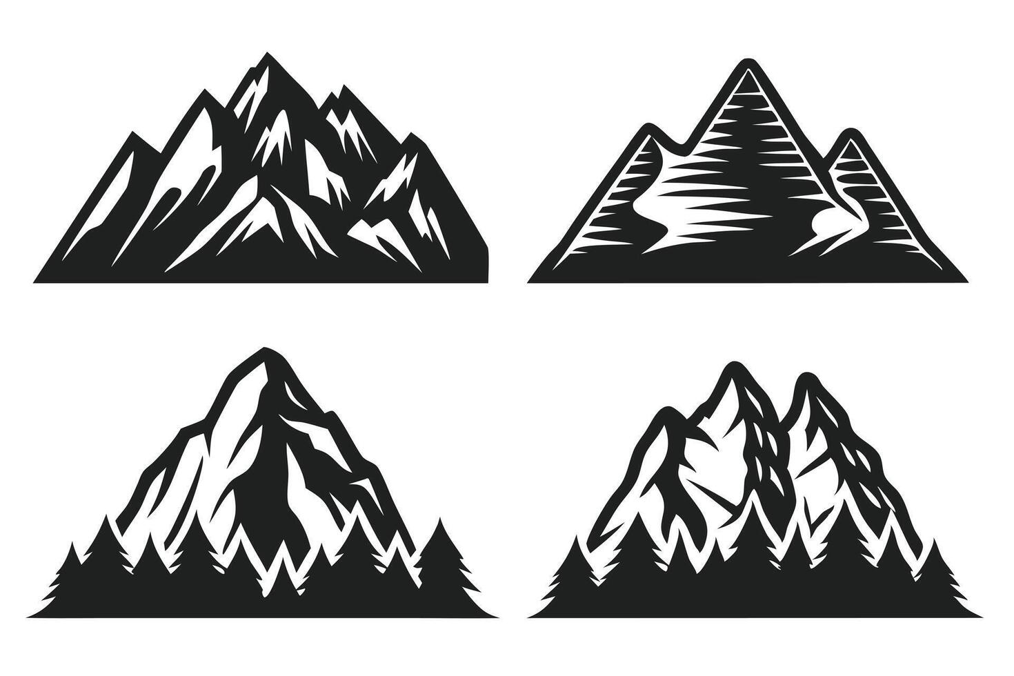 4 set of different type Mountain silhouette illustration isolated on white background vector