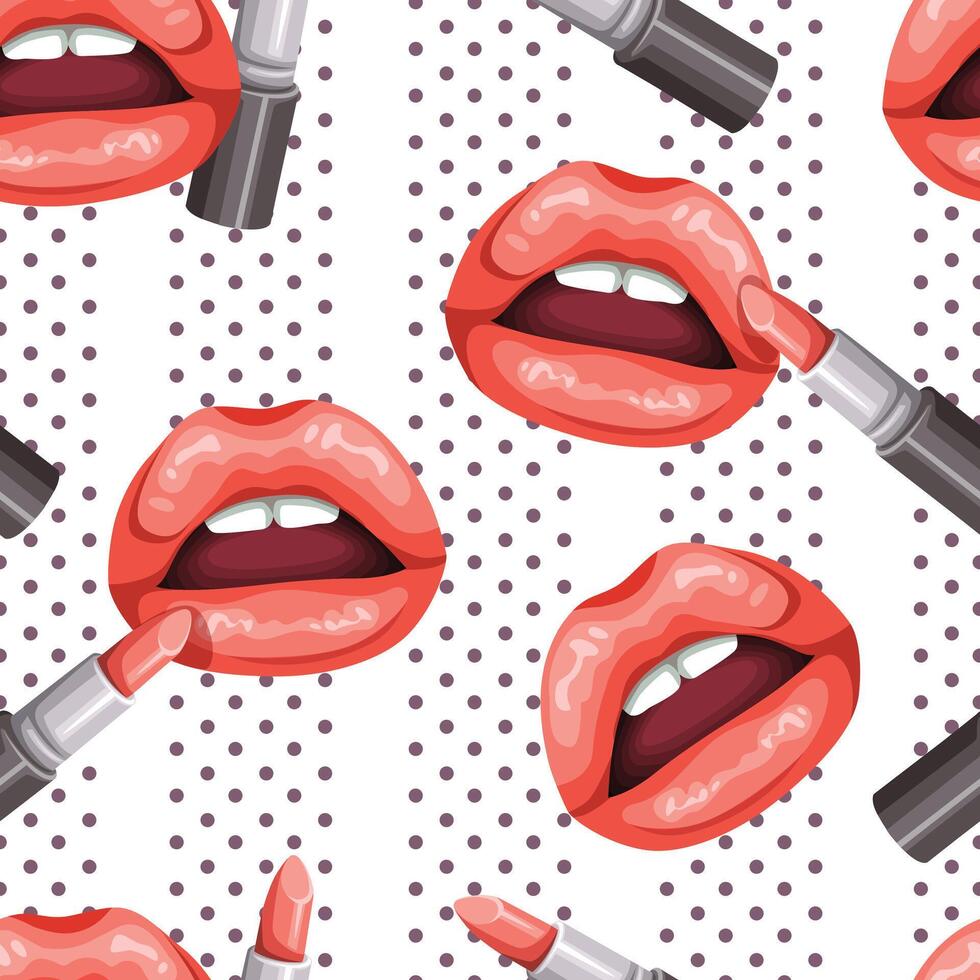 Seamless pattern of plump lips, luxurious lipstick and polka-dot. It's a pattern that looks feminine and bright. Pattern for fabric and wrapping paper, Pattern for design wallpaper and fashion prints. vector