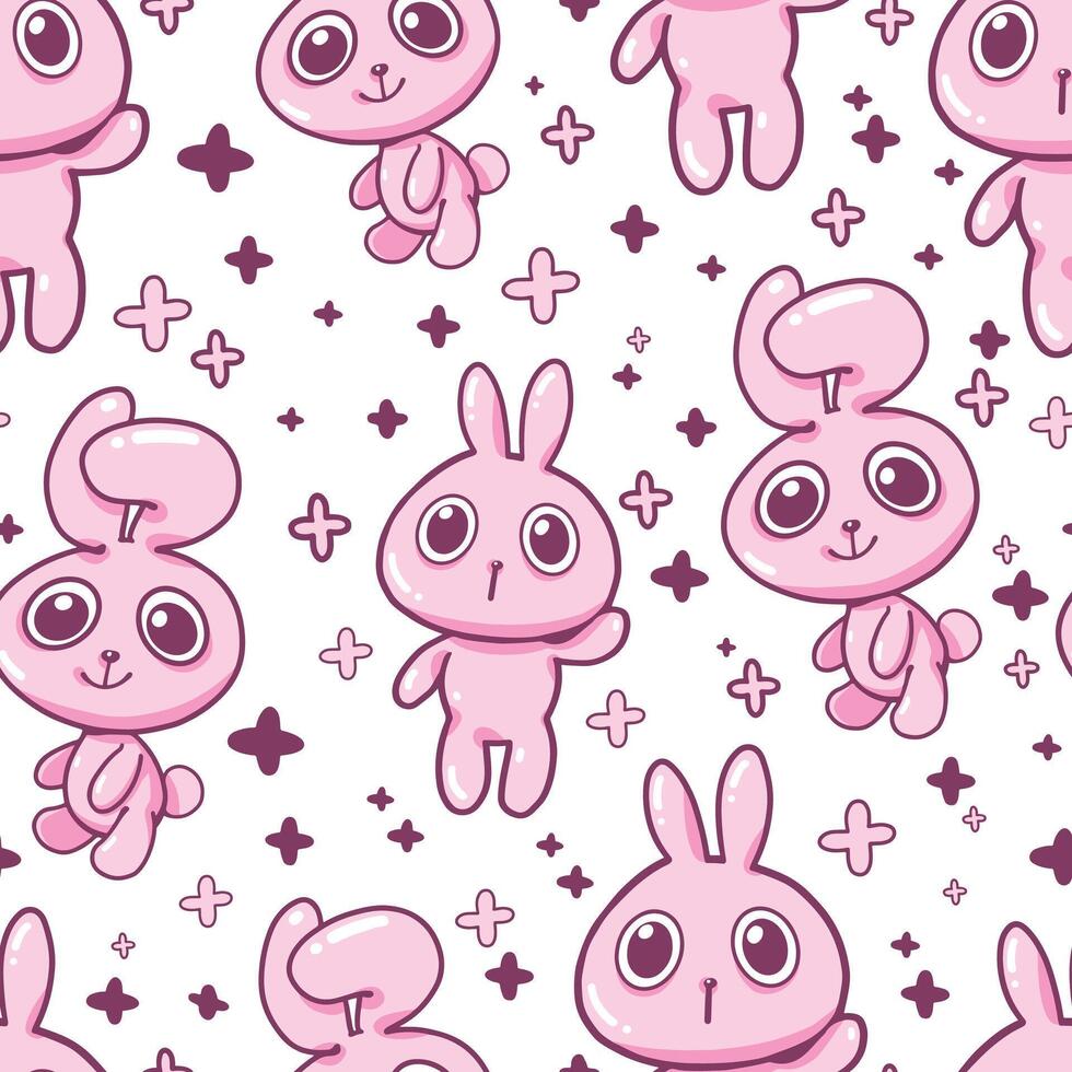 Seamless pattern of a funny pink bunny with a cute plus sign. It's a pattern that looks cute like a child. Pattern for fabric and wrapping paper, Pattern for design wallpaper and fashion prints. vector
