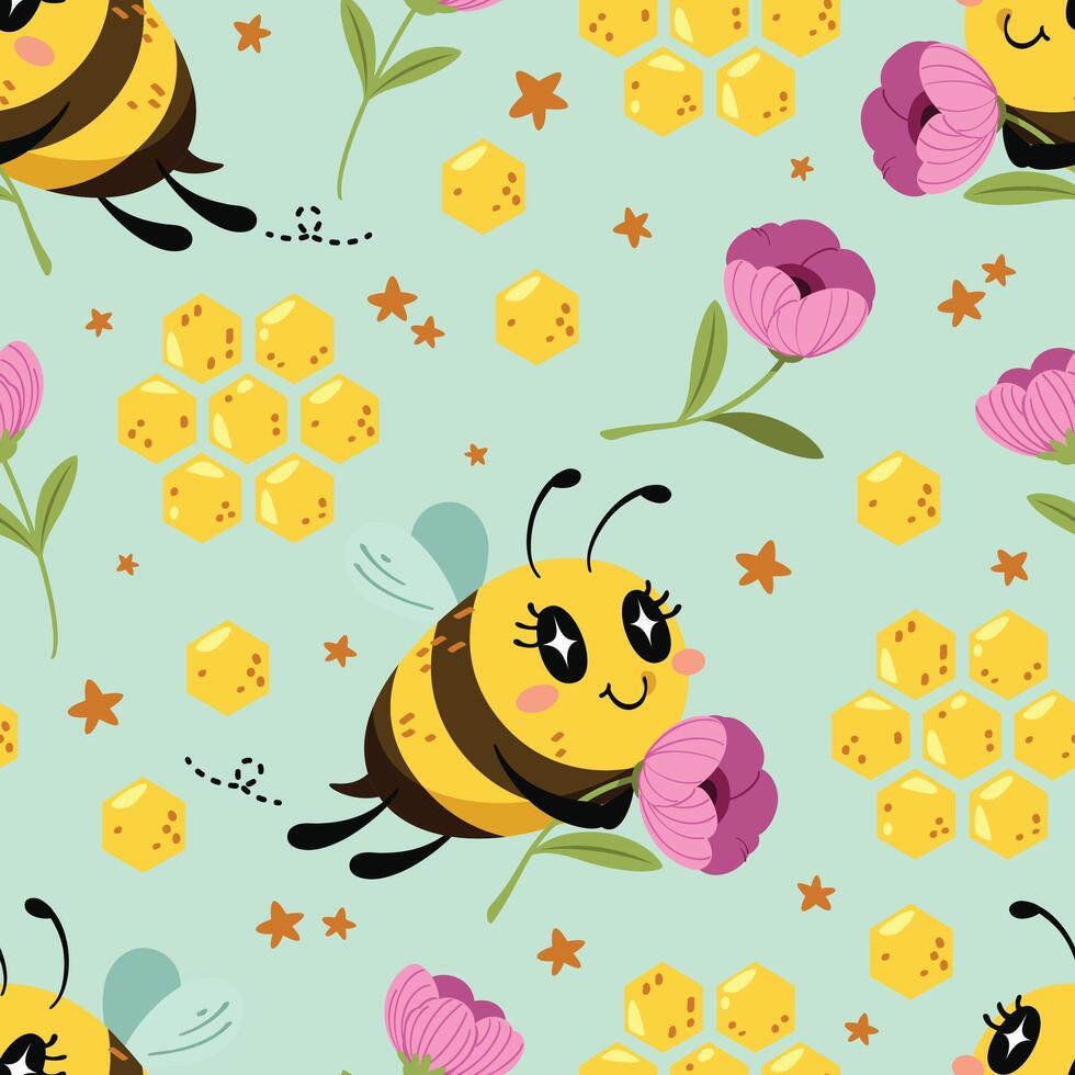 Seamless pattern of cute little bee holding a pink flower with honeycomb. Pattern for fabric and wrapping paper, Pattern for design wallpaper and fashion prints. vector