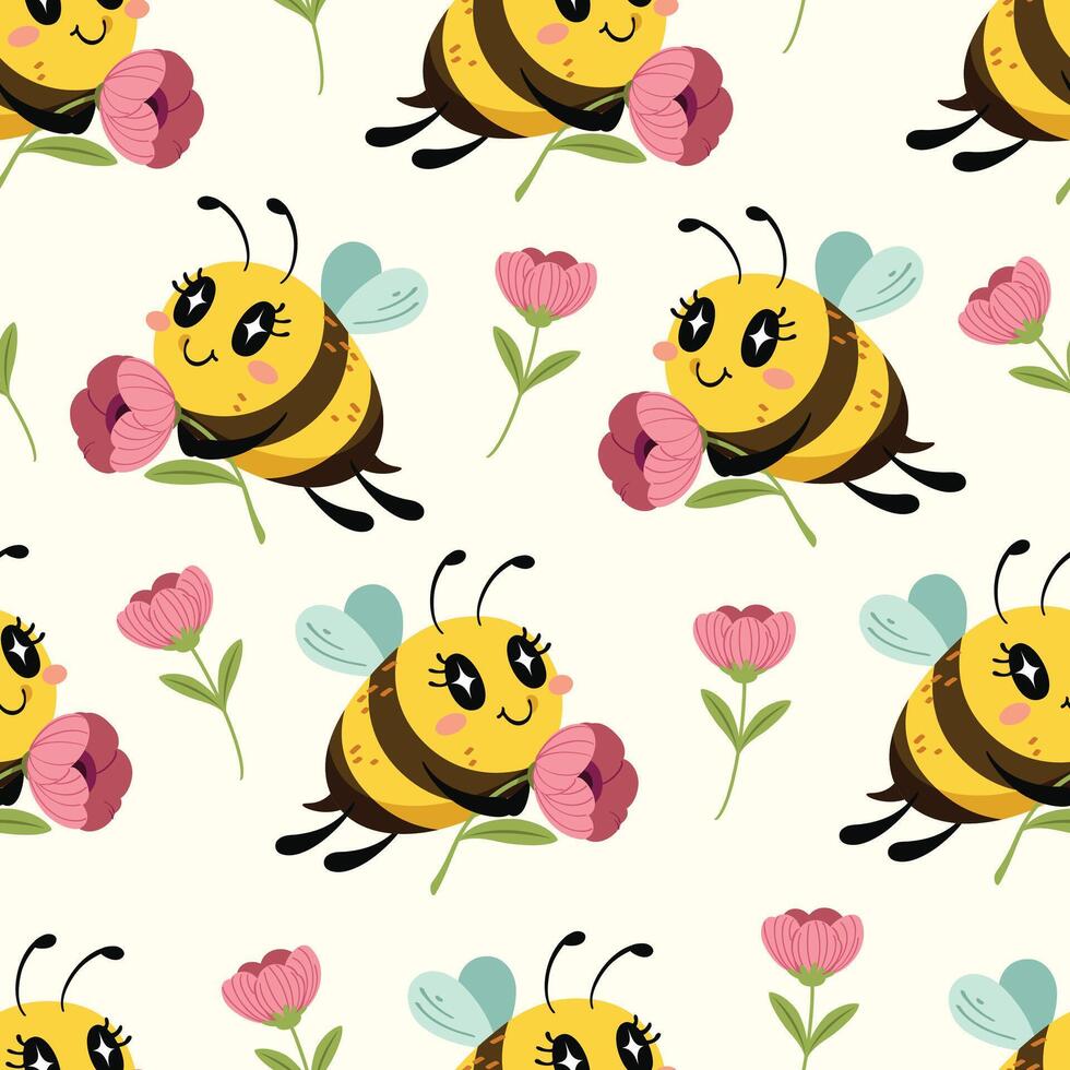 Seamless pattern of cute little bee holding a pink flower. The hard-working little bee smiled brightly. Pattern for fabric and wrapping paper, Pattern for design wallpaper and fashion prints. vector