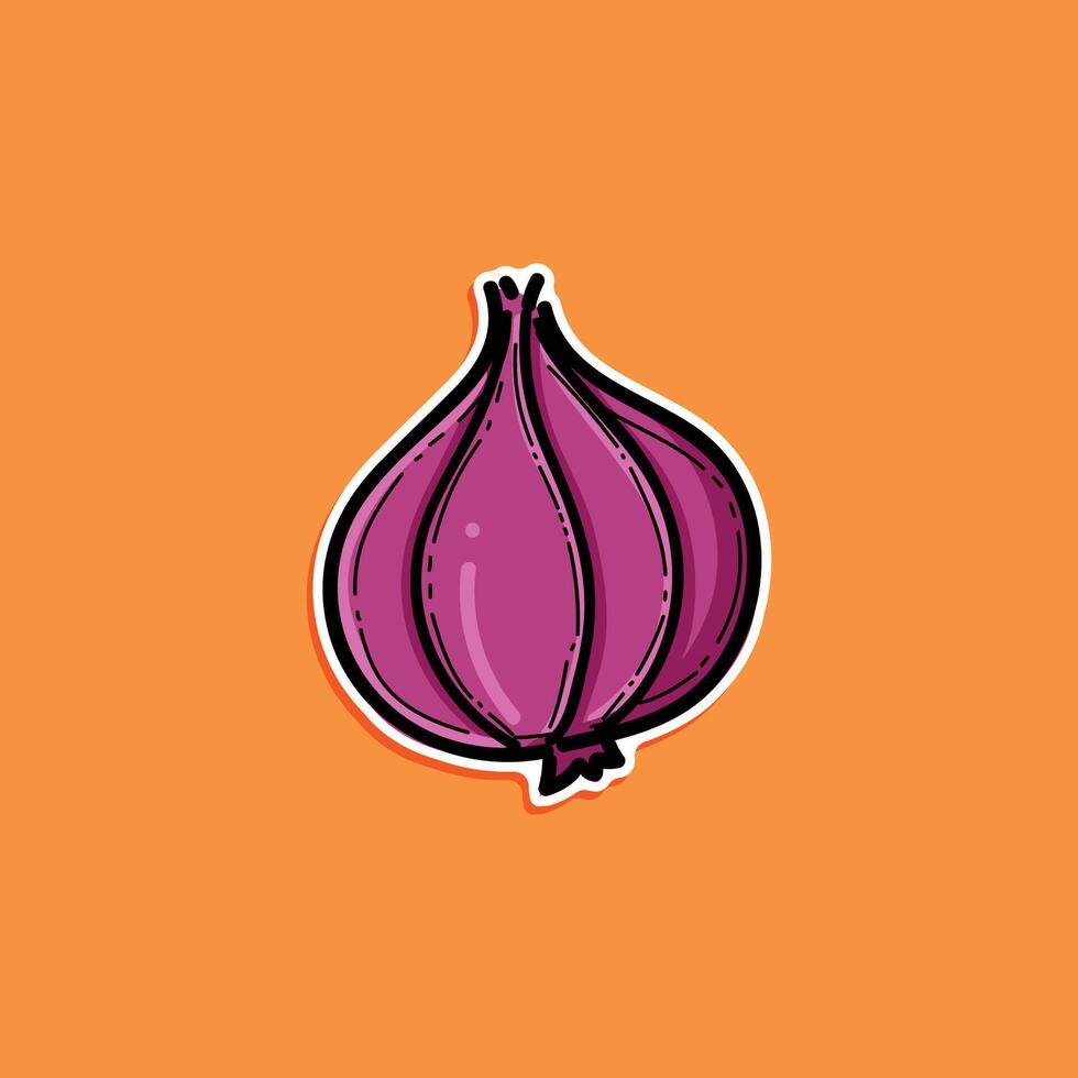 Cartoon style illustration of a vibrant purple onion set against a bold orange background. Perfect for food-related designs, educational materials, or playful graphical content. vector