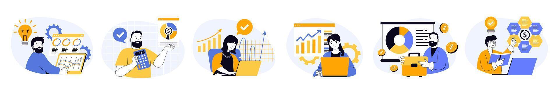 Business analytics concept set in flat web design. Collection with people analyzing data graphs and financial diagram, making report and monitoring balance. illustrations on white background. vector