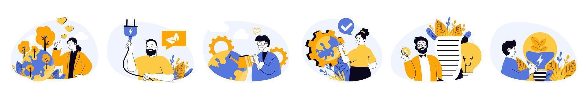 Green sustainable environment concept set in flat web design. Collection with people take care about nature and planet, using eco clean renewable resource. illustrations on white background. vector