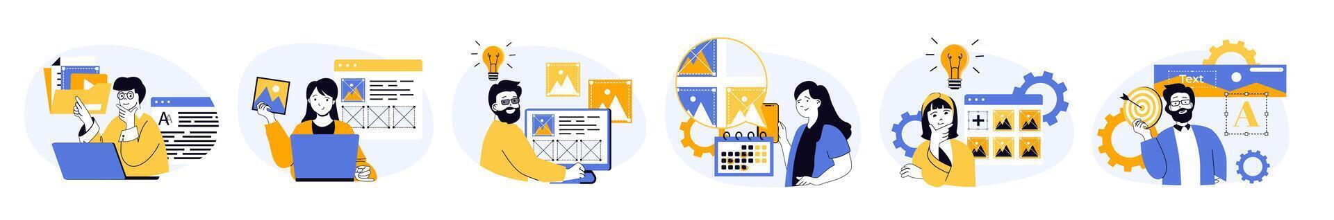 Content manager concept set in flat web design. Collection with people filling sites with images, making posts in online blog, making creative strategy. illustrations on white background. vector