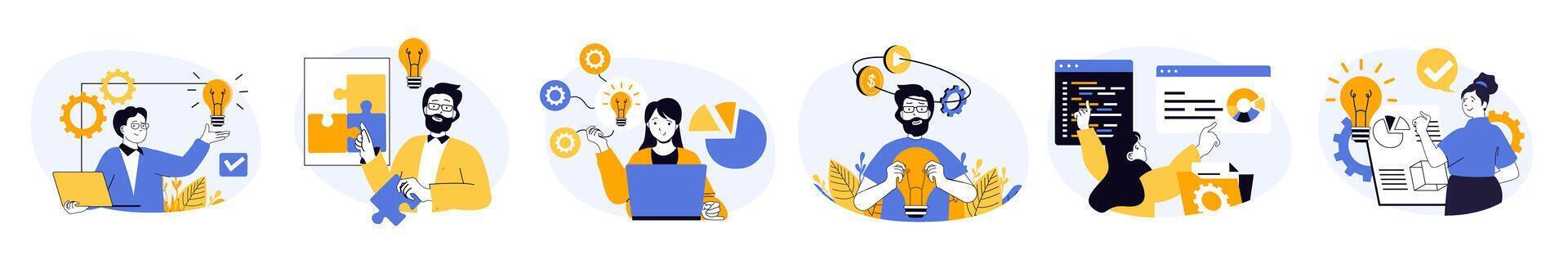 Creative business concept set in flat web design. Collection with people thinking, finding solutions, brainstorming and researching for company development. illustrations on white background. vector