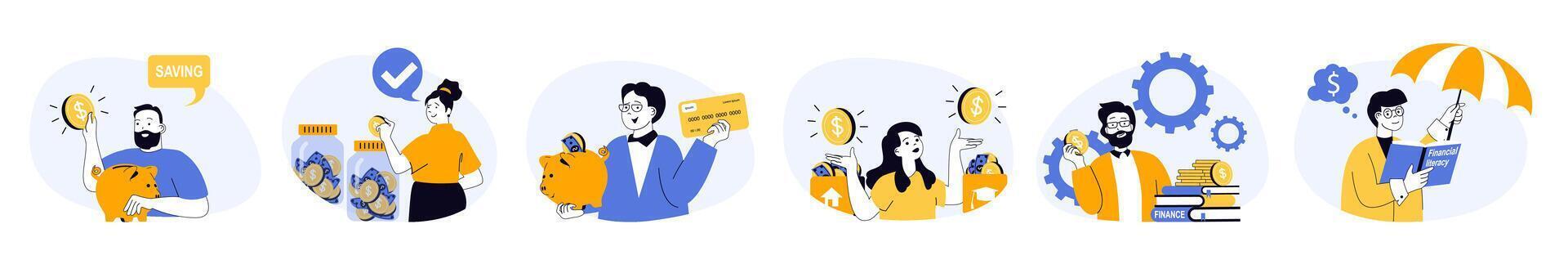 Financial literacy concept set in flat web design. Collection with people saving money, managing personal finance, investing money, earning and bookkeeping. illustrations on white background. vector