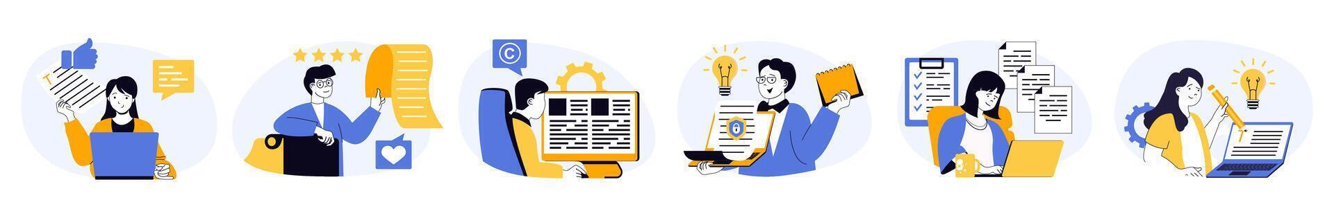 Copywriter concept set in flat web design. Collection with people working as online journalists, writing articles and information posts in social media. illustrations on white background. vector