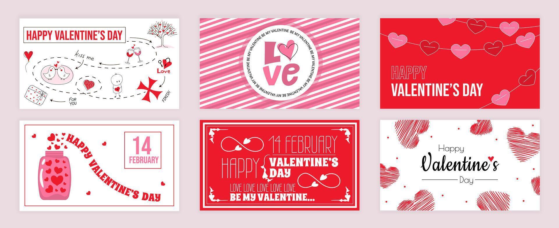 Valentines Day cover typography templates set for social media. Greeting cards design with romantic game with path map, heart garlands, love declaration, romance potion, other. illustration. vector
