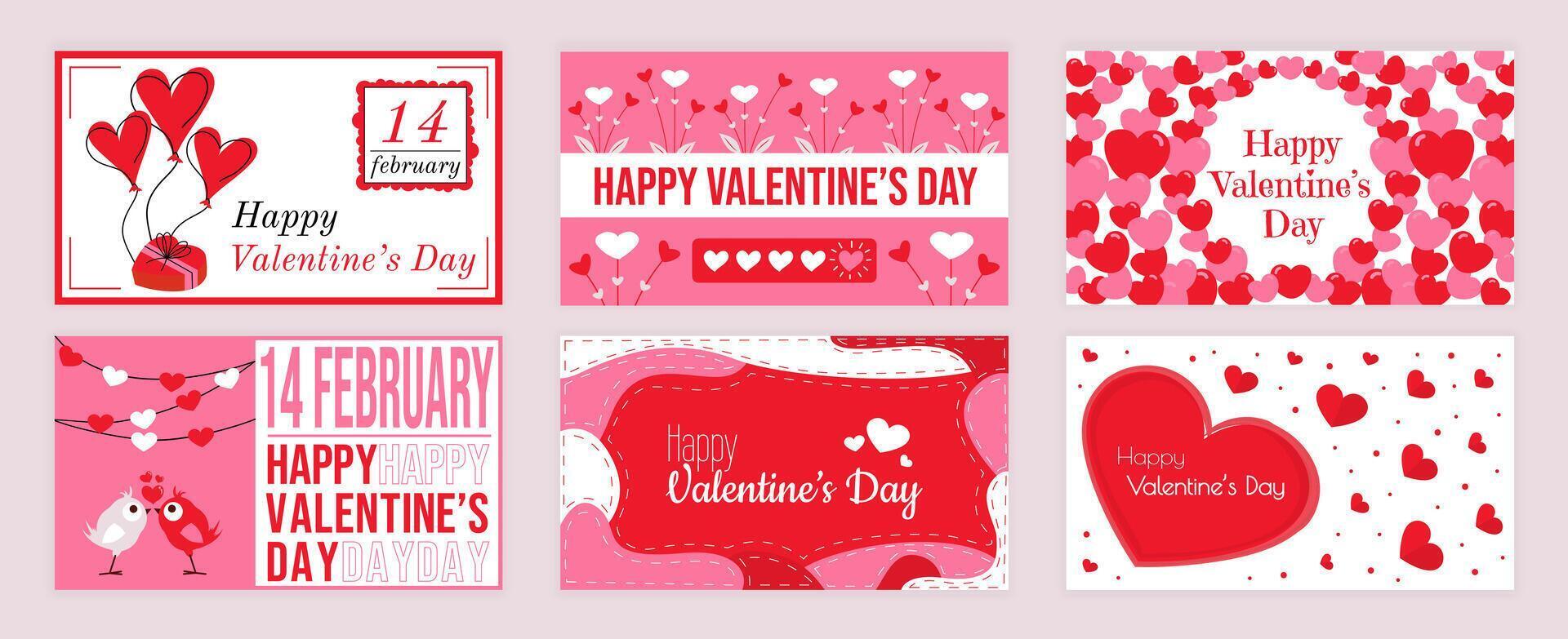 Valentines Day cover typography templates set for social media. Greeting cards design with heart balloons and garlands, gift, flowers, love frame, bird couple kiss, other signs. illustration. vector