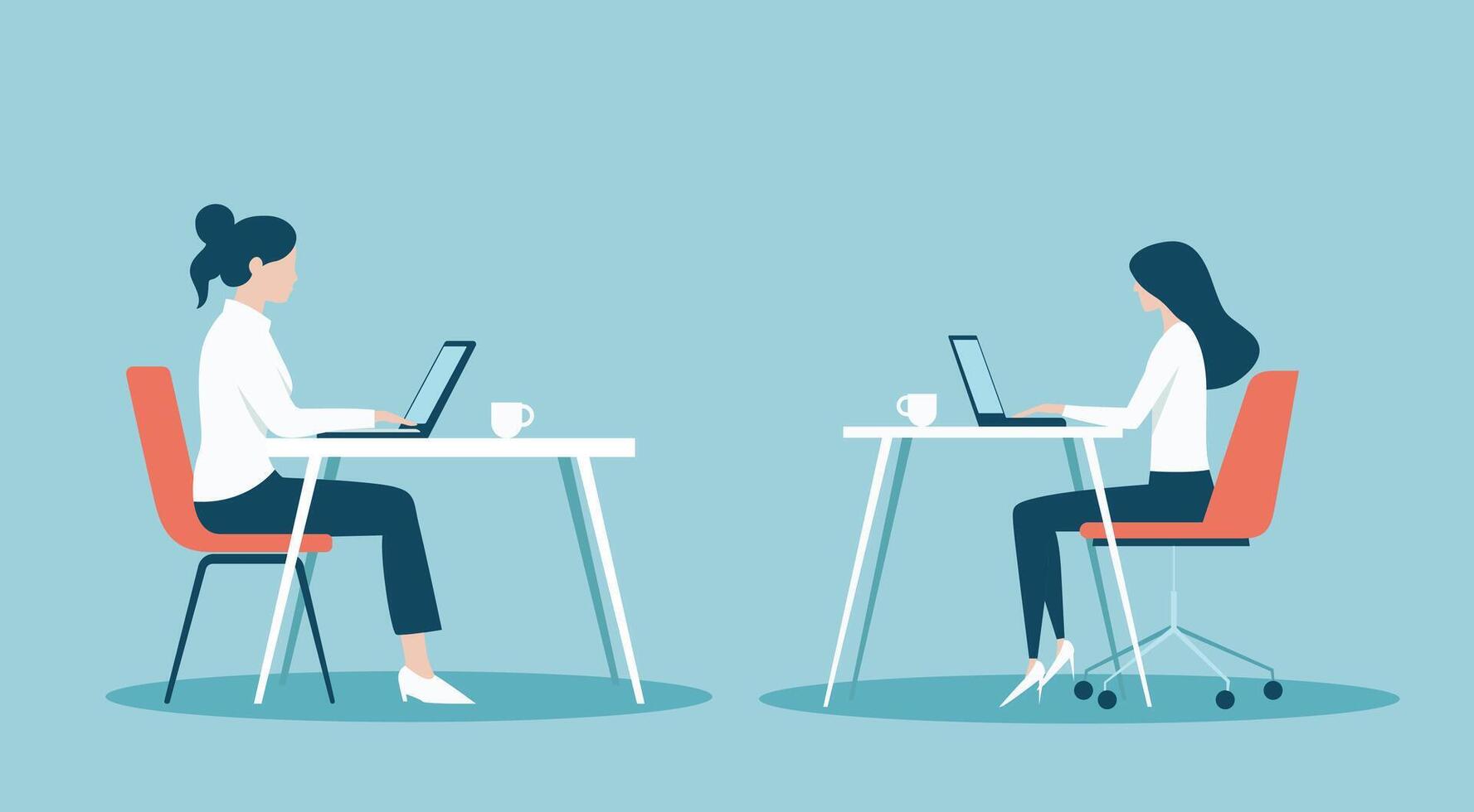 Illustration of a businesswoman sitting at a desk, focused on a laptop with a cup of coffee beside her vector