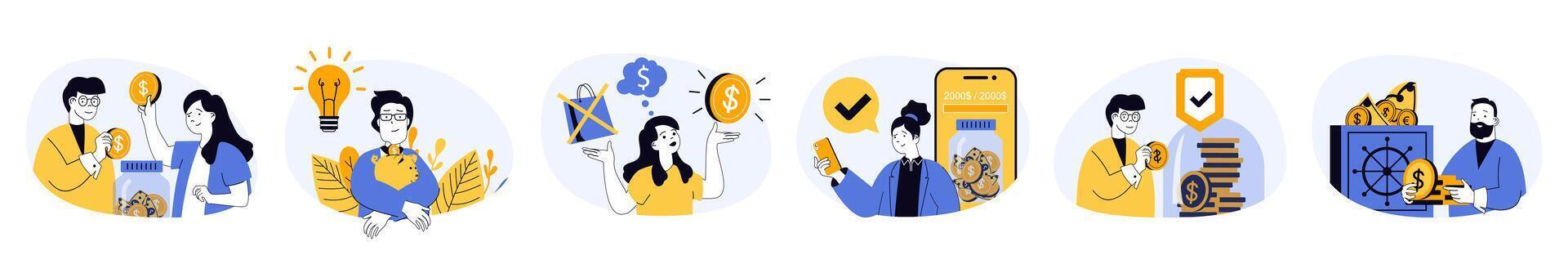 Saving money concept set in flat web design. Collection with people planning budget, managing finance, investing, doing deposit for future and getting profit. illustrations on white background. vector