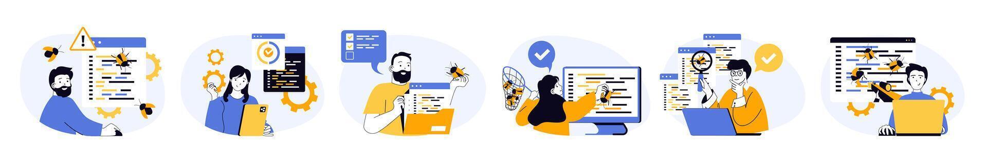 Software testing concept set in flat web design. Collection with people searching bugs in program code, fixing mistakes, doing report of quality assurance. illustrations on white background. vector