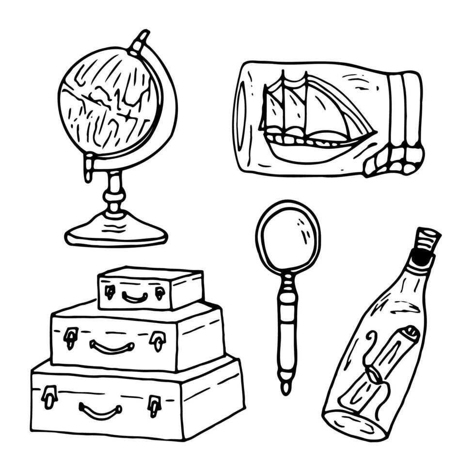 A set of hand-drawn traveler's objects. Globe, magnifying glass, luggage, souvenir, ship, letter in a bottle. Travel, sea adventure, pirates, a set of line drawings. vector