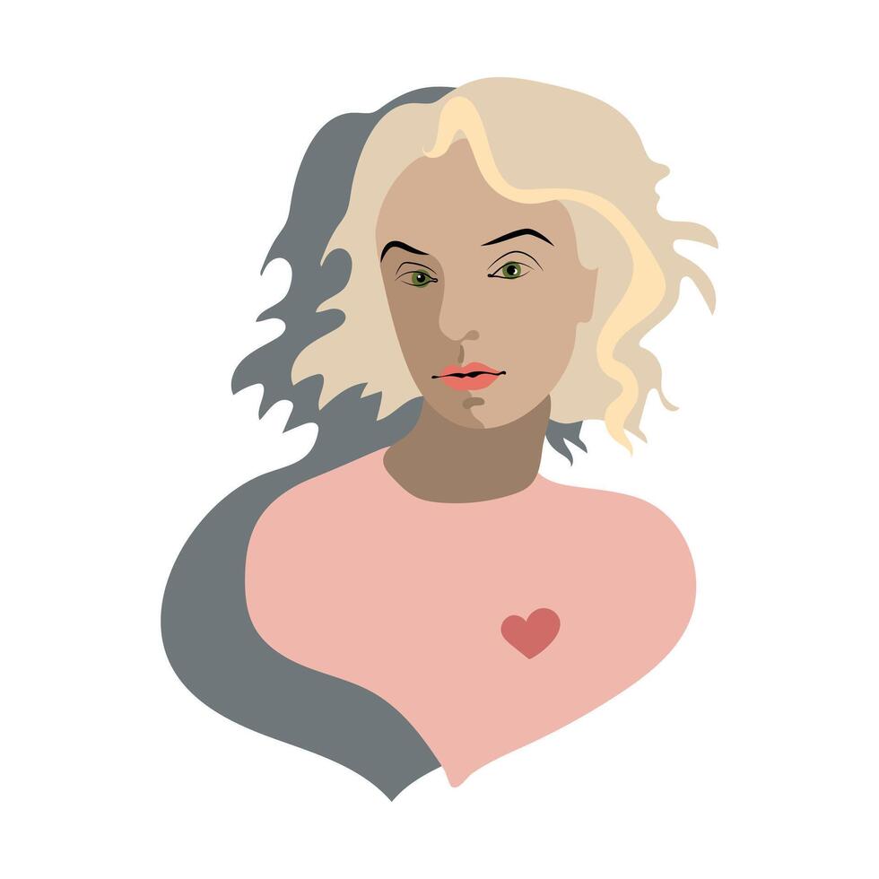 illustration of a woman portrait with green eyes, wavy blonde hair, and a red heart on her chest vector