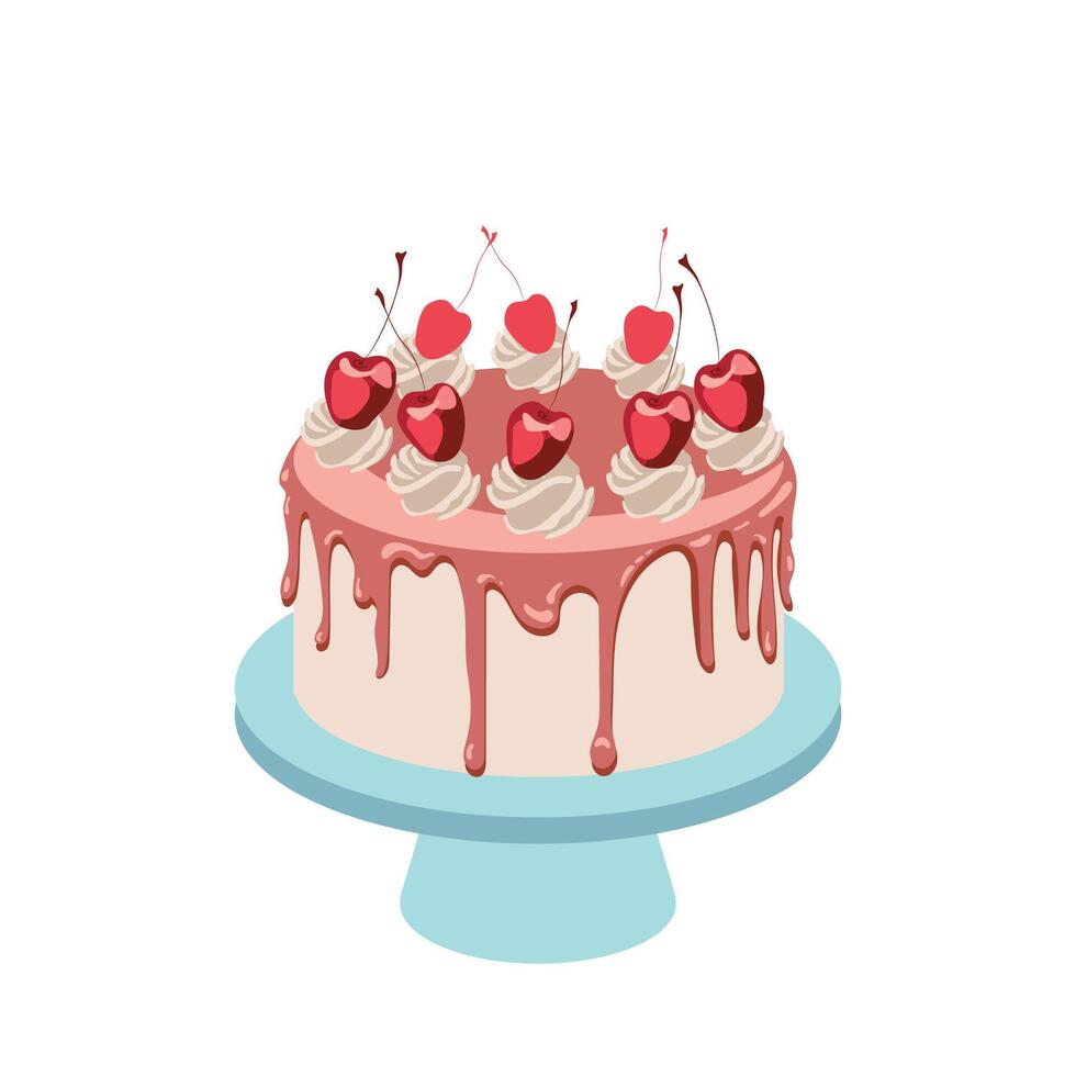 illustration of a cake with chocolate, whipped cream, and cherries on a blue stand vector