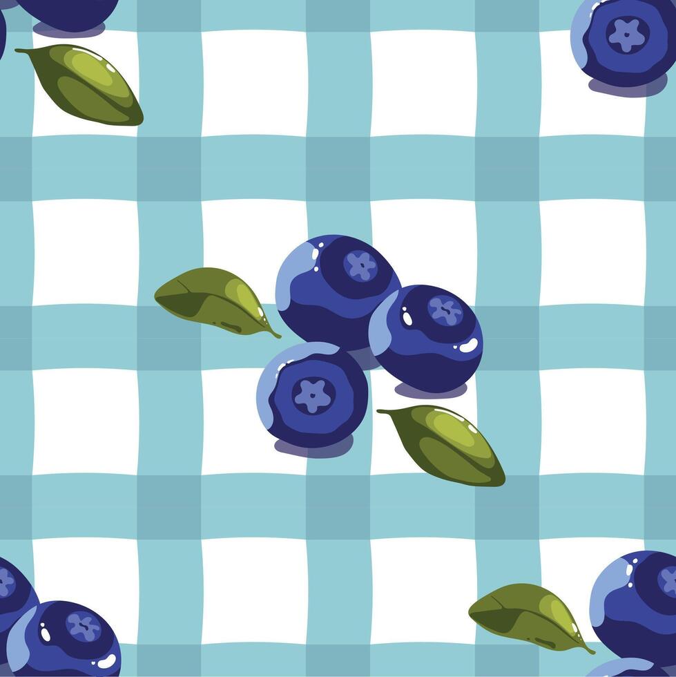 illustration of a pattern with blueberries and green leaves on a blue checkered background. Stylish and fresh design for textiles and decor vector