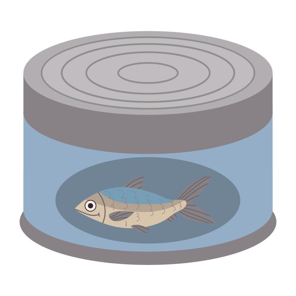 Cartoon can of canned fish in flat style isolated on white background. Hiking food. vector