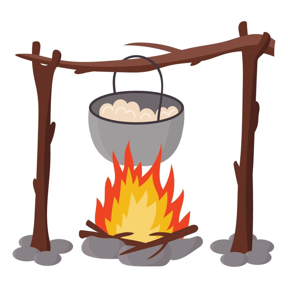 Cartoon food cooking on fire during camping in flat style isolated on white background. vector