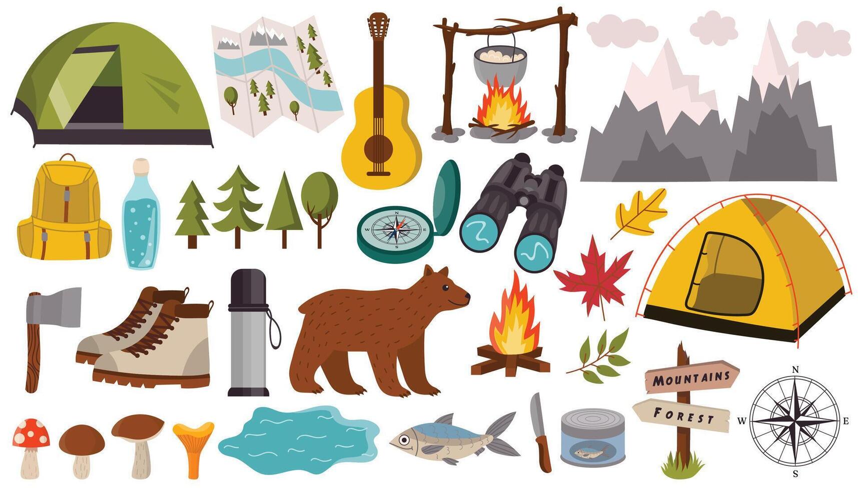 Cartoon design elements set for summer camping theme in flat style isolated on white background. Tent and campfire, binoculars and brown bear. vector