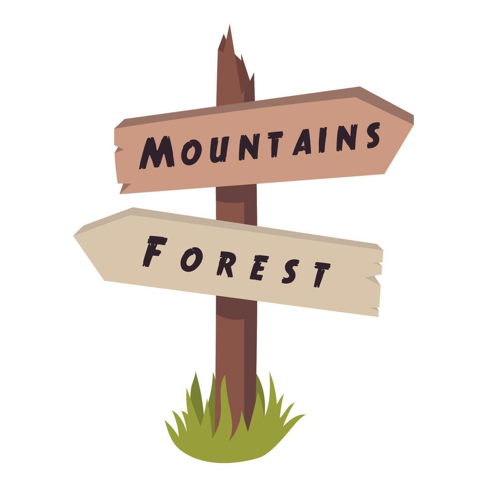 Cartoon signpost with arrows for camping in flat style isolated on white background. vector
