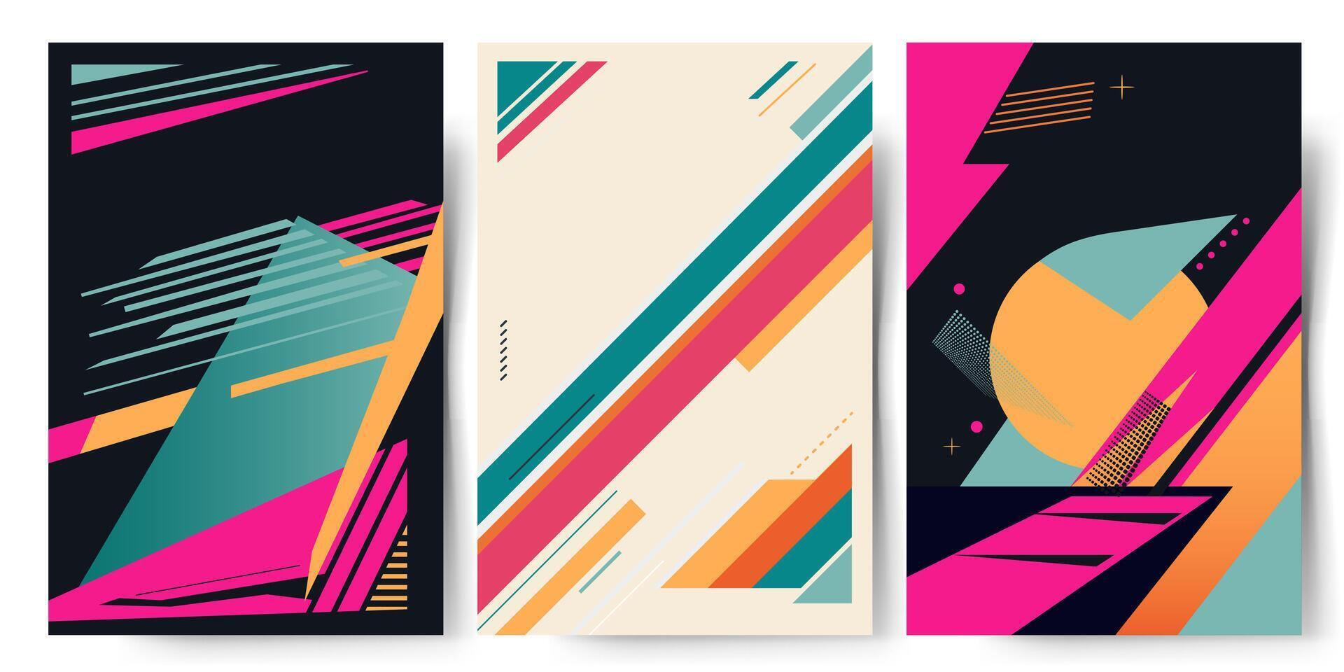 Set of modern abstract backgrounds with place for text. Dark and light background and bright figures. Geometrical shapes vector