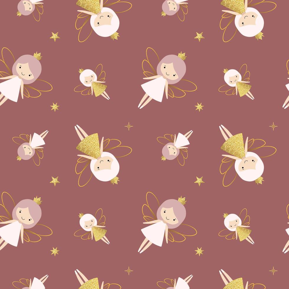 Seamless pattern with cute fairies and shining golden stars. Gentle childish background vector