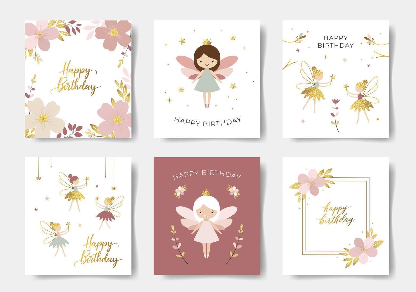 Set of happy birthday cards with a cute fairies and flowers. Gold lettering. Gentle fairies. Birthday templates vector
