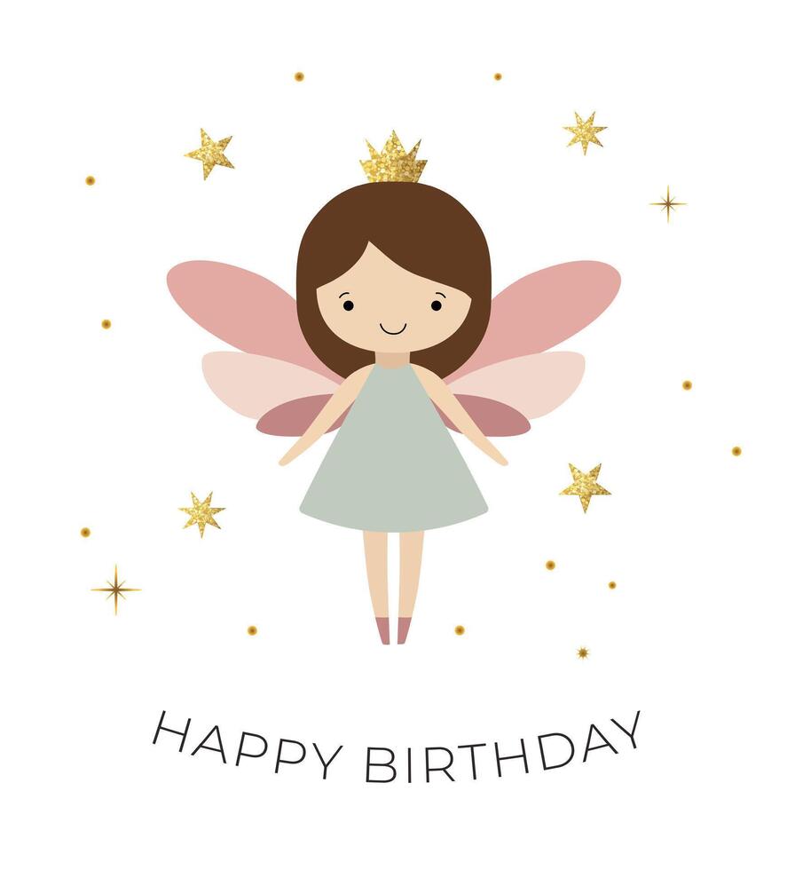 Happy birthday card with a cute fairy. Gentle fairy. Birthday template, greeting card, invitation vector