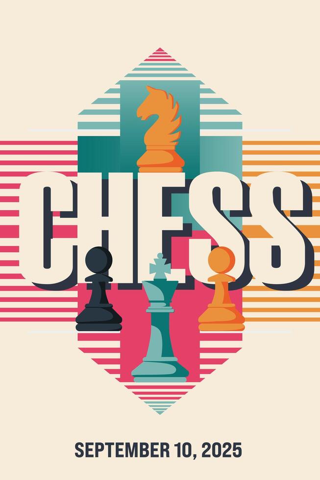 Retro style poster with text chess. Modern abstract sport background. Trendy geometric shapes. vector