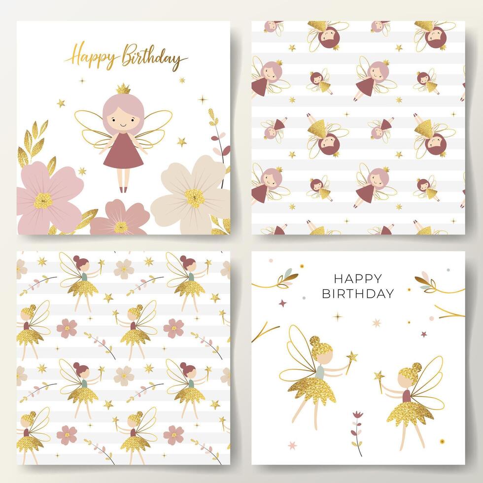 Happy birthday cards and seamless patterns with cute fairies, flowers, golden stars. Gentle childish backgrounds vector