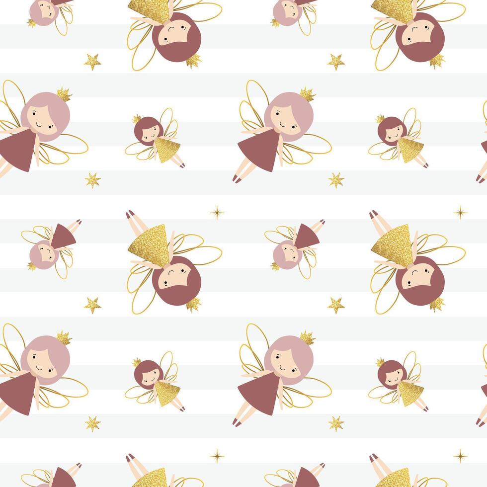 Seamless pattern with cute fairies and shining golden stars. Gentle childish background vector
