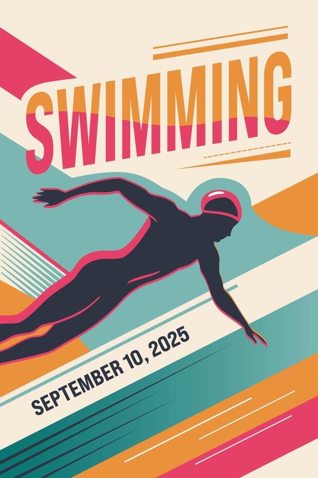 Retro style poster with text swimming and silhouette of a swimmer. Modern abstract sport background. Trendy geometric shapes. vector
