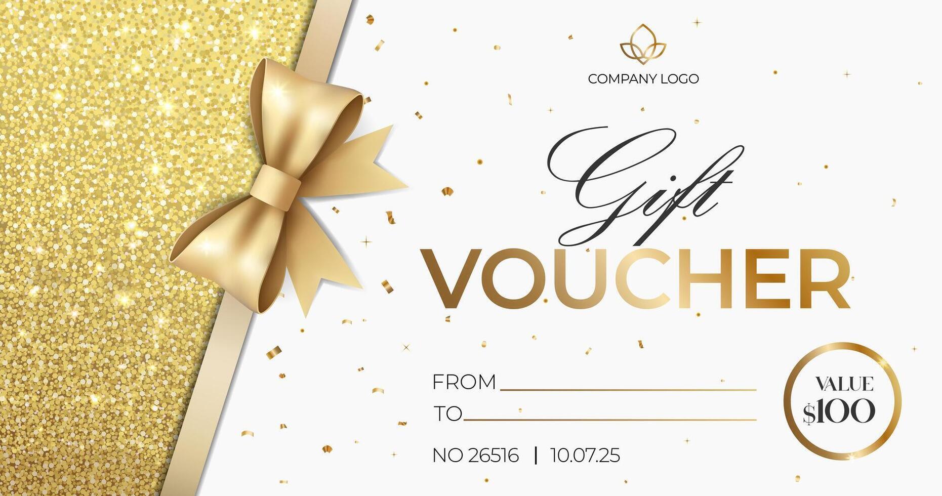 Luxury gift voucher. Elegant gift voucher with golden bow. Template for gift card, coupon. Promo or flyer offer vector