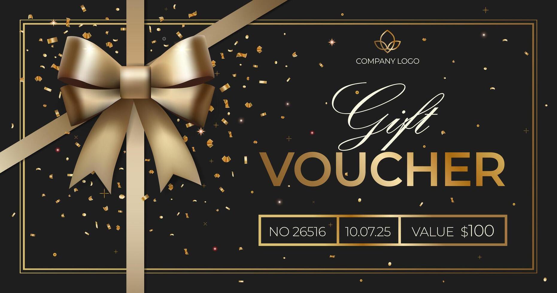 Elegant gift voucher with golden bow on dark background. Luxury gift voucher. Template for gift card, coupon. Promo or flyer offer vector