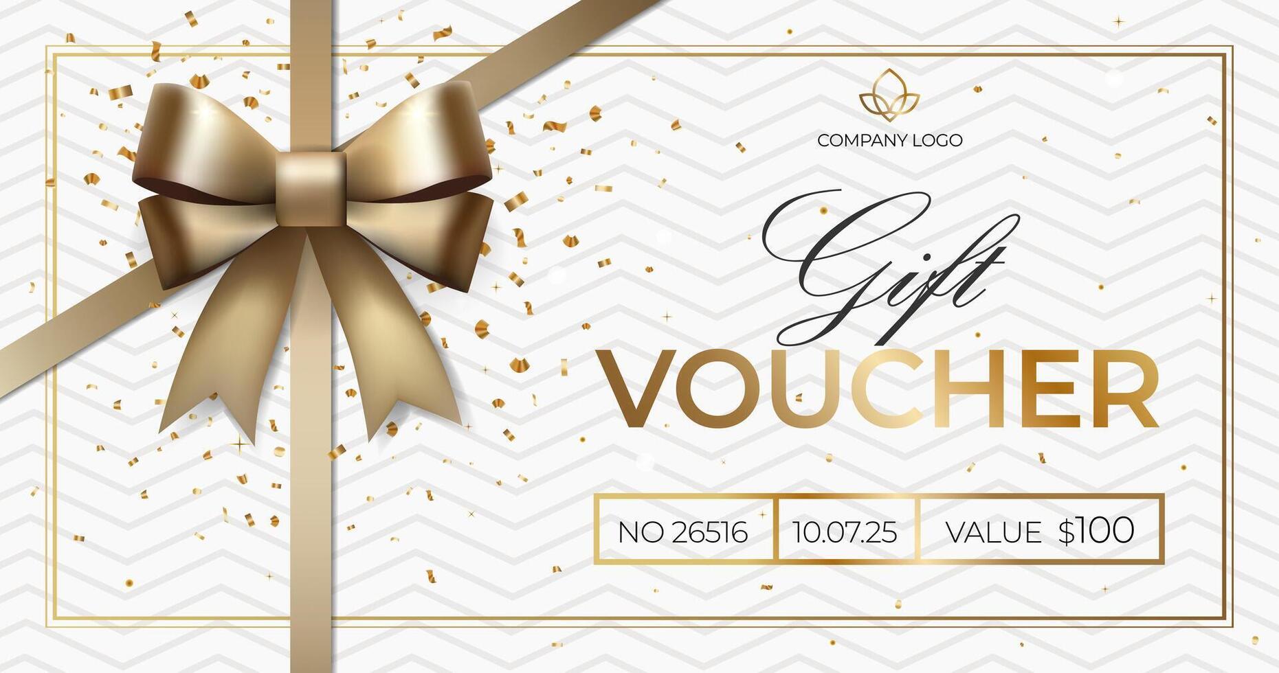 Elegant gift voucher with golden bow. Template for gift card, coupon. Luxury gift voucher. Promo or flyer offer vector