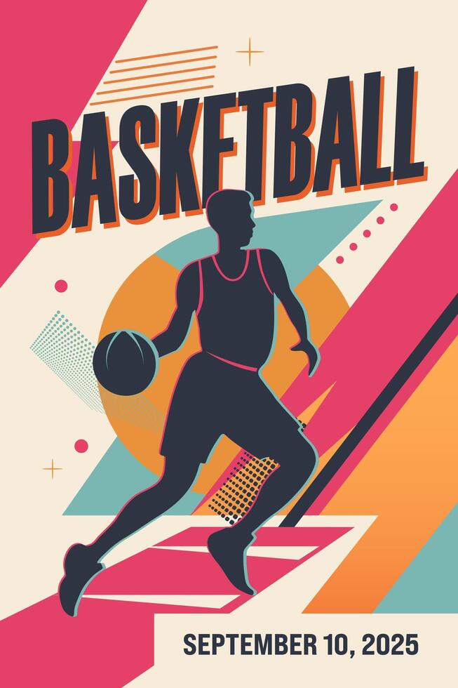Retro style poster with text basketball and silhouette of a basketball player. Modern abstract background. vector