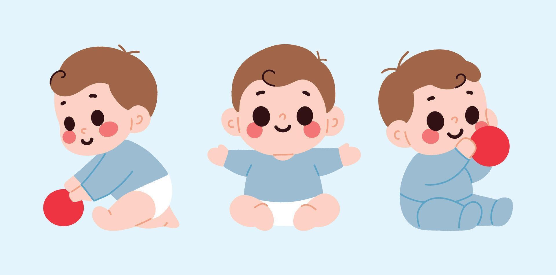 Three baby boys in different poses with red toys vector