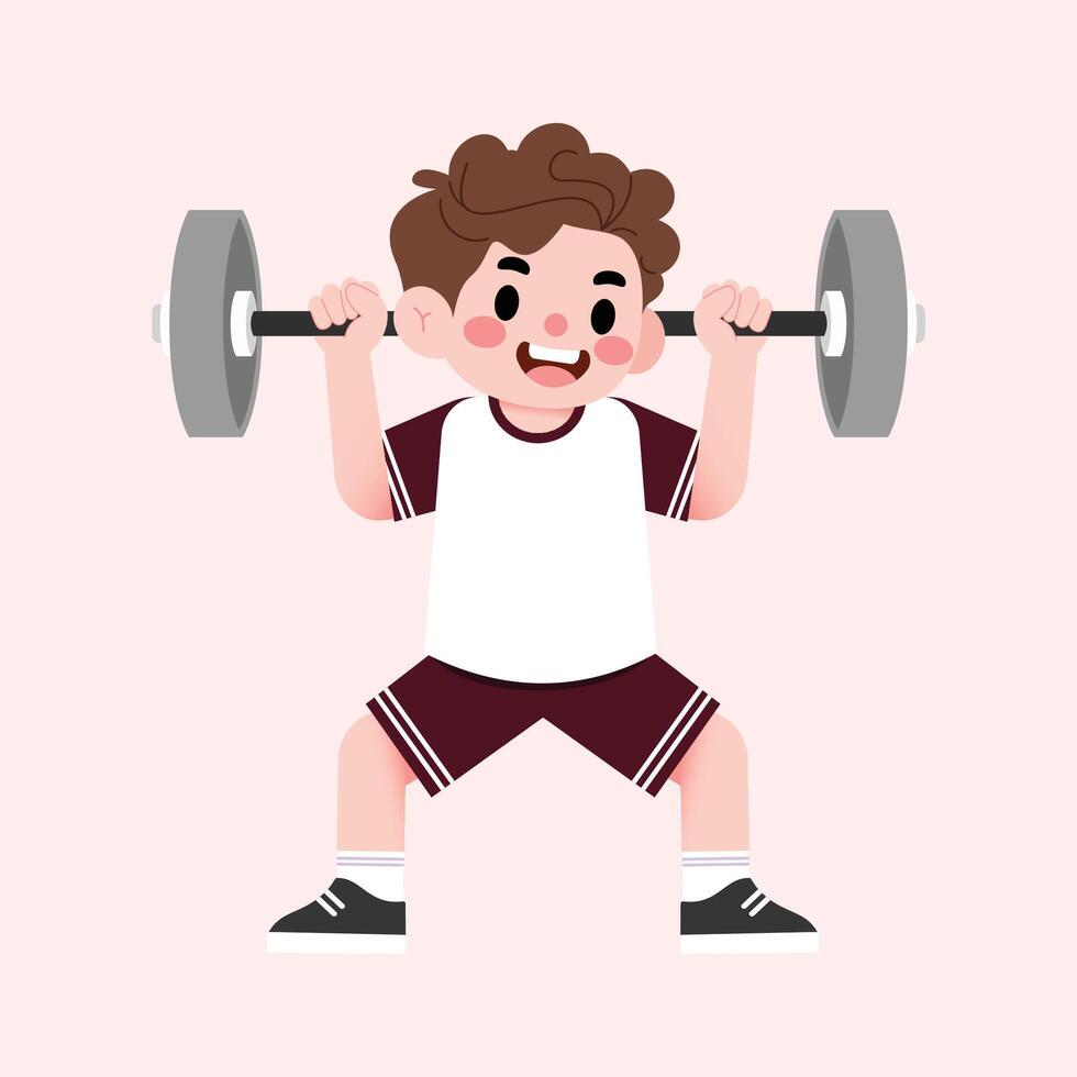 A boy is doing a barbell exercise on a pink background vector
