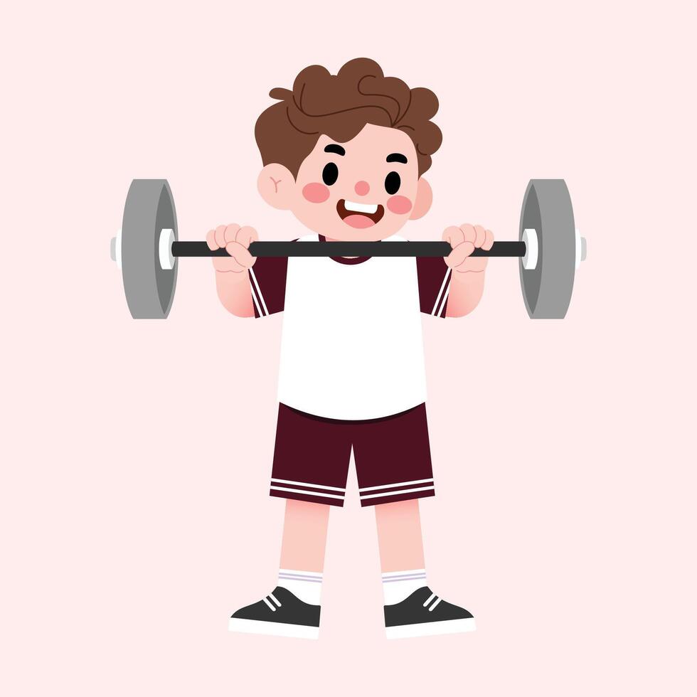 A boy is lifting a barbell in a cartoon style vector